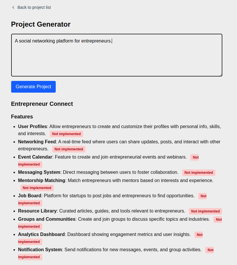 AI project generator form for describing a new product idea